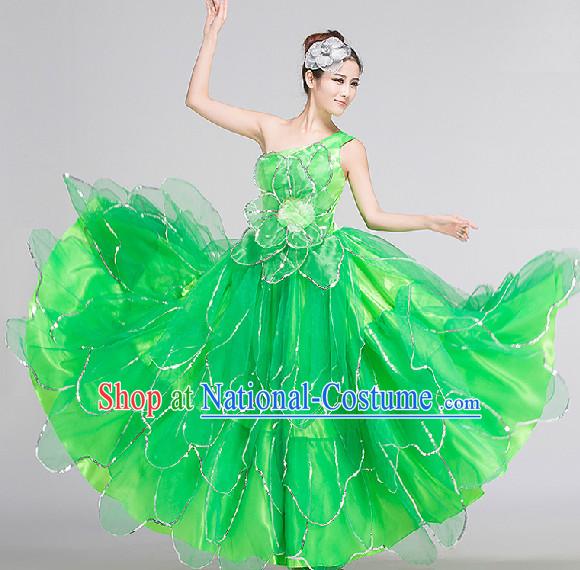 Green Group Dance Costumes Complete Set for Women