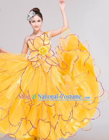 Yellow Grand Opening Group Dance Costumes Complete Set for Women