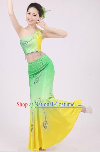 Traditional Chinese Dai Dancing Costumes and Headwear Complete Set for Women