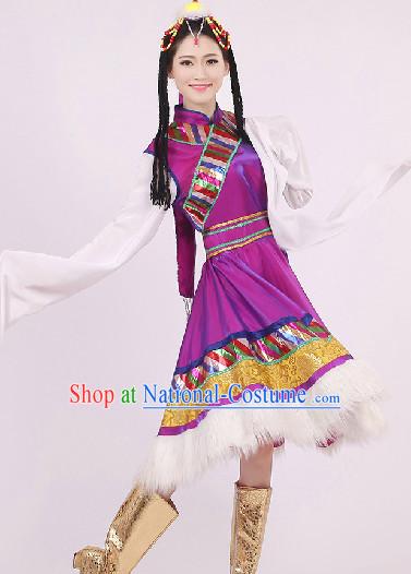 Traditional Chinese Tibetan Dancing Costumes and Headwear Complete Set for Women