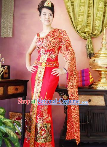 Burma Traditional Wedding Dresses Clothing and Headwear Complete Set for Brides