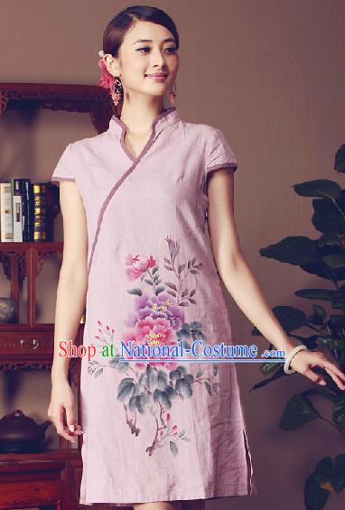 Hands Painted Peony Mandarin Traditional Garment for Women