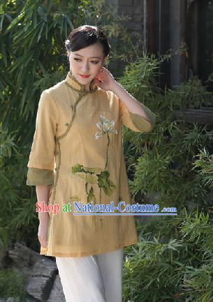 Hands Painted Lotus Mandarin Traditional Long Blouse for Women