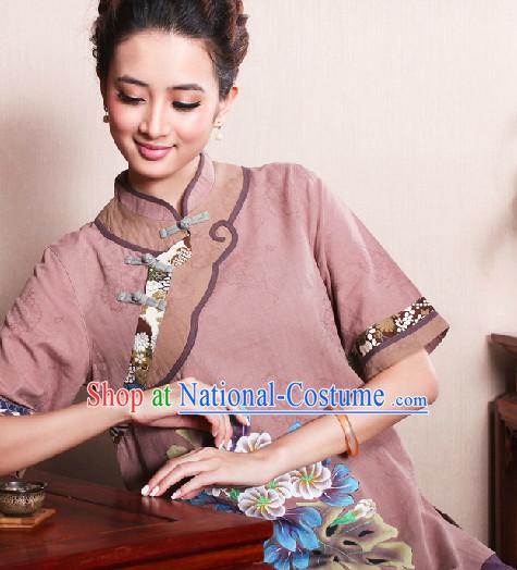 Hands Painted Peony Mandarin Traditional Top for Women