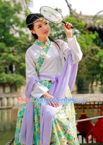 Traditional Chinese Fan Dancewear and Headwear Complete Set for Women