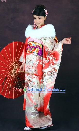 Traditional Japanese Furisode Kimono 16 Pieces Complete Set for Women