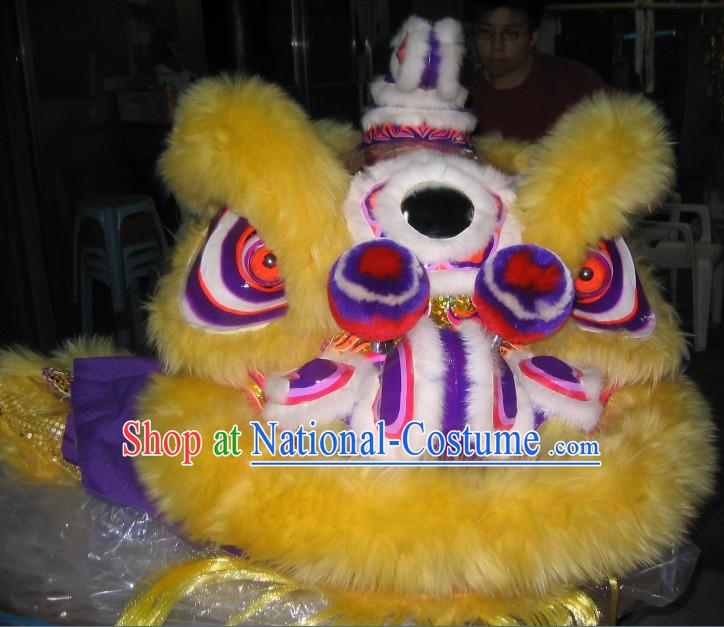 Yellow Wool Traditional Chinese Hok San Lion Dance Costumes Complete Set