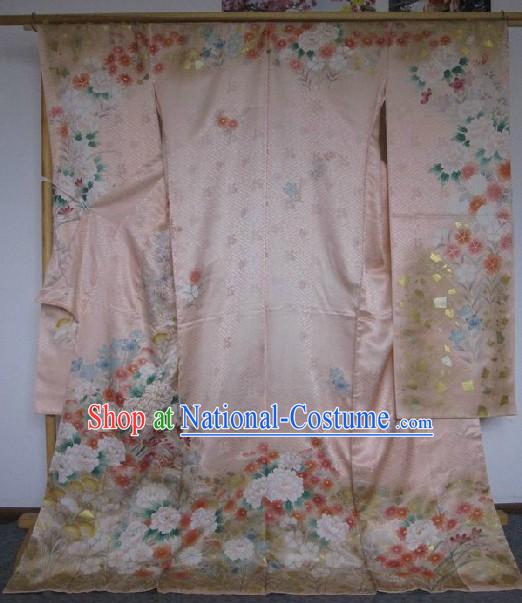 100_ Silk Traditional Japanese Pink Kimono Complete Set for Women