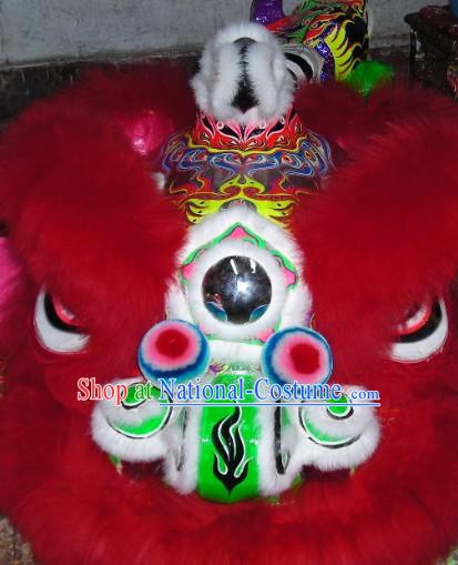 Supreme Long Red Wool Hok San Lion Dance Costumes Complete Set