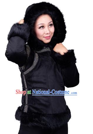 Traditional Chinese Black Mongolian Winter Jacket for Women