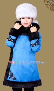 Traditional Chinese Mongolian Winter Long Jacket and Hat for Women