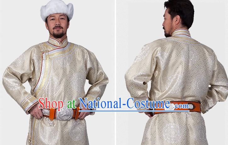 Traditional Chinese Mongolian Long Robe Clothing and Hat for Men