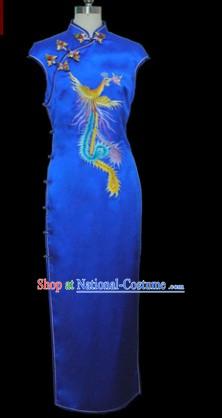 Chinese Classical Silk Blue Embroidered Phoenix Cheongsam