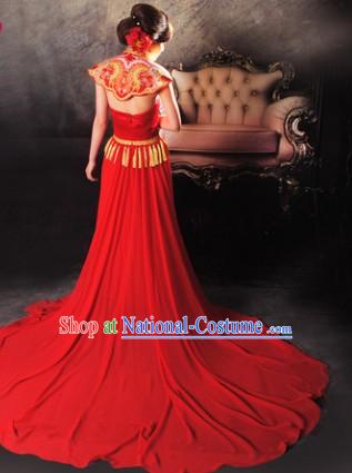 Traditional Chinese Red Embroidered Royal Shoulder Evening Dress