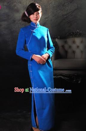 Traditional Chinese Blue Super Long Cheongsam