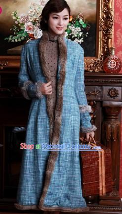 Chinese Old Shanghai Style Long Fur Jacket for Women