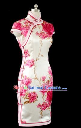 Chinese Silk White Cherry Blossom Qipao