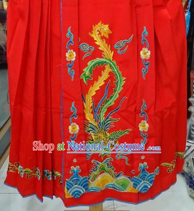 Traditional Chinese Stage Performance Red Embroidered Phoenix Skirt