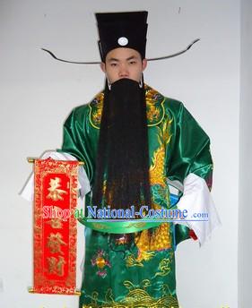 Traditional Chinese Stage Performance Cai Shen Ye Green Costumes and Hat Complete Set