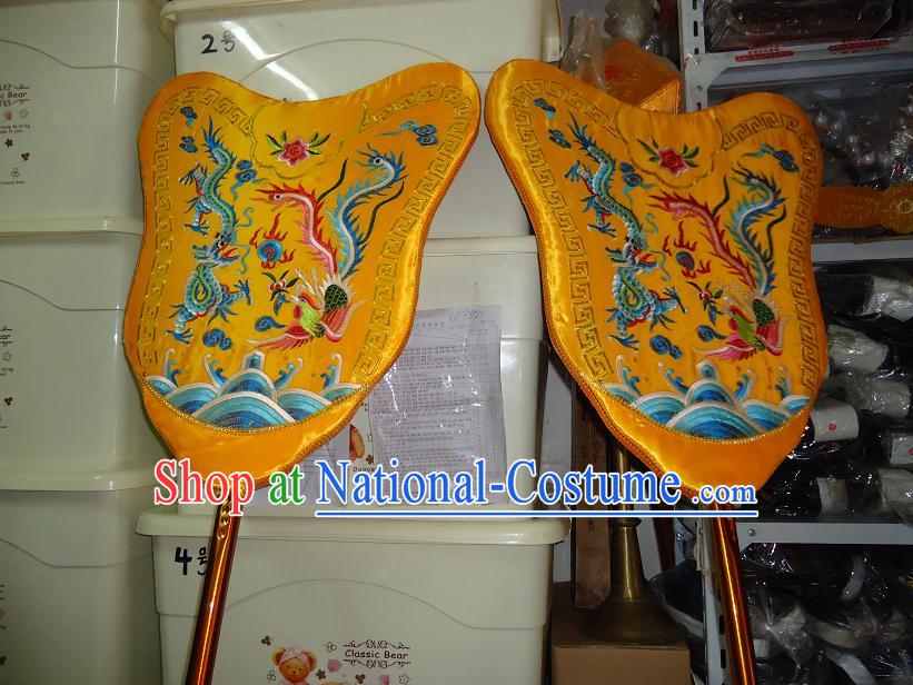 Traditional Chinese Festival Celebration Parade Embroidered Dragon Phoenix Fans Pair