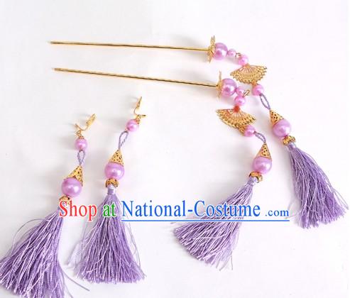 Ancient Chinese Purple Hanfu Style Hairpins and Earrings