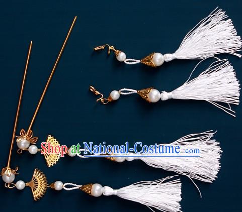 Ancient Chinese White Hanfu Style Hairpins and Earrings