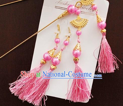 Ancient Chinese Pink Hanfu Style Hairpins and Earrings