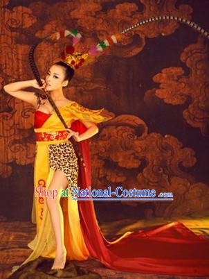 Ancient Chinese Female Monkey King Sun Wukong Costumes and Headpieces Complete Set