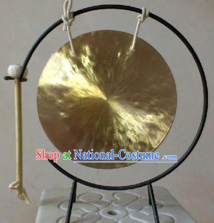 Traditional Chinese Gold Brass Gong and Stand Set