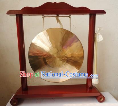 Traditional Chinese Gold Brass Gong and Stand Set