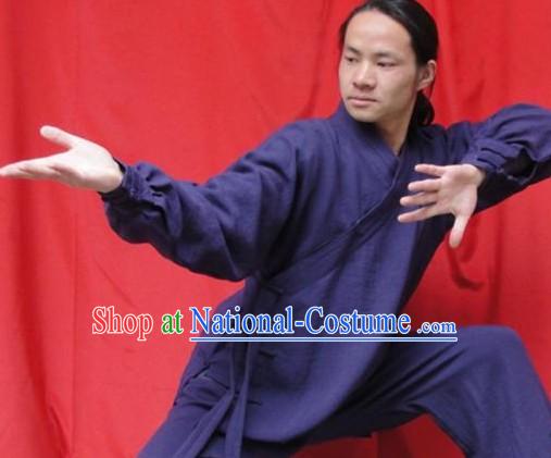 Top Quality Deep Blue Natural Flax Mandarin Chinese Martial Arts Outfit