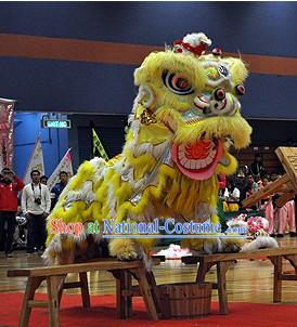 Yellow and White Long Wool Lion Dance Head and Costume Complete Set