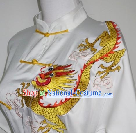 White Silk Broadcloth Embroidered Gold Dragon Kung Fu Uniform Complete Set