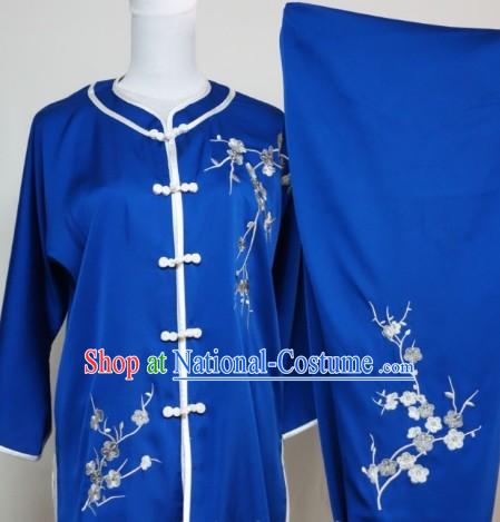 Top Silk Blue Plum Blossom Embroidery Martial Arts Clothes Complete Set