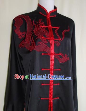 Silk Black Dragon Blouse Pants and Belt with Red Dragon Embroidery