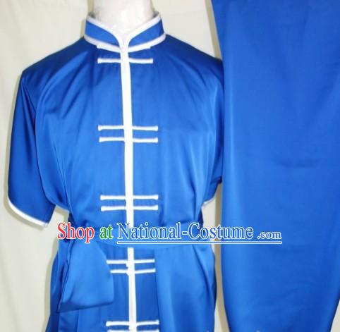 Silk Blue Dress Pants and Soft Belt Kung Fu Practice Clothing Complete Set