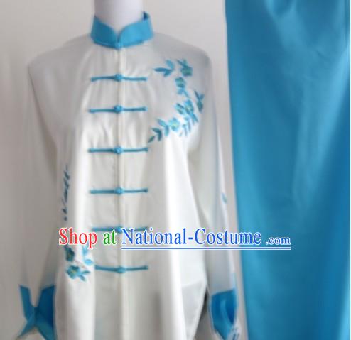 Blue Flower Embroidery Long Sleeves Kung Fu Uniform Complete Set