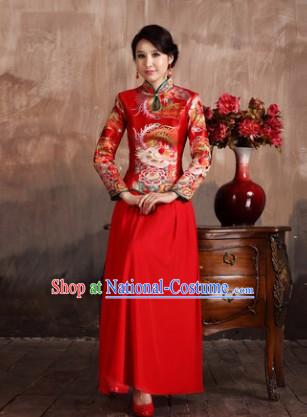 Classical Red Phoenix Wedding Mandarin Dress and Skirt Complete Set for Brides