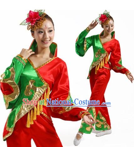 Red and Green Chinese Group Yangge Dance Costumes and Headwear Complete Set for Women