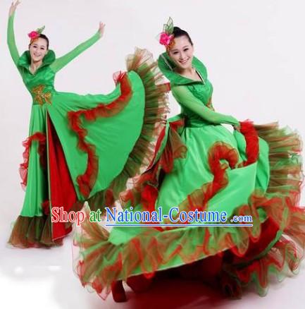 Green Opening Dance Group Dance Costumes and Headwear Complete Set for Women