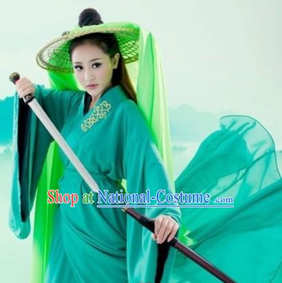 Ancient Chinese Green Hanfu Clothes and Hat