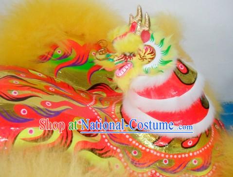 Supreme Dragon Horn Lion Dance Costumes Complete Set with Yellow Long Wool