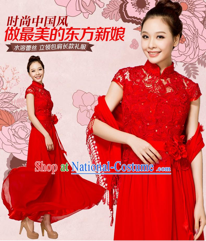 Traditional Chinese Romantic Long Red Lace Wedding Dress