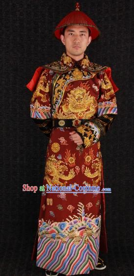 Qing Dynasty Prince Embroidered Dragon Clothes and Hat Complet Set for Men