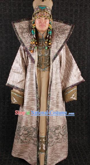 Traditional Chinese Ancient Mongolian Princess Crown and Clothing Complete Set for Women