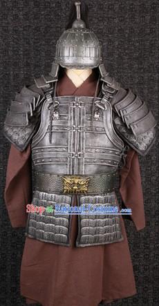 Ancient Chinese Film Costumes General Armor Clothes and Helmet Complete Set for Men