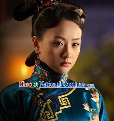 Ancient Chinese Blue Princess Clothing and Hair Accessories Complete Set for Women