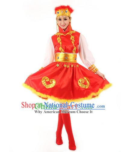 Mongolian Folk Female Dance Costumes and Hat