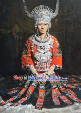 Traditional Chinese Miao Nationality Clothing and Silver Hat Complete Set