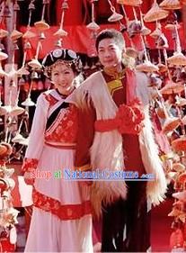 Chinese Naxi Ethnic Minority Wedding Outfit and Hat for Brides and Bridegroom